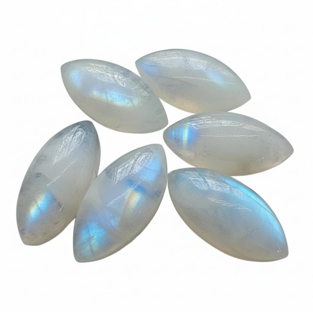 Натуральные Кабошоны Маркиза из Радужного Лунного Камня - Кабошоны Овальной Формы с Остриём из Лунного Камня Класса ААА