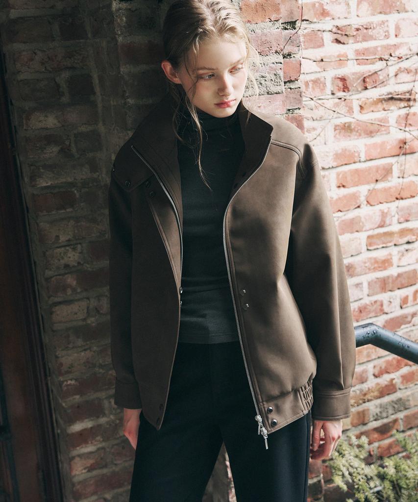 DRAWFIT WOMEN Nubuck Leather High-Neck Bomber Jacket [Brown]