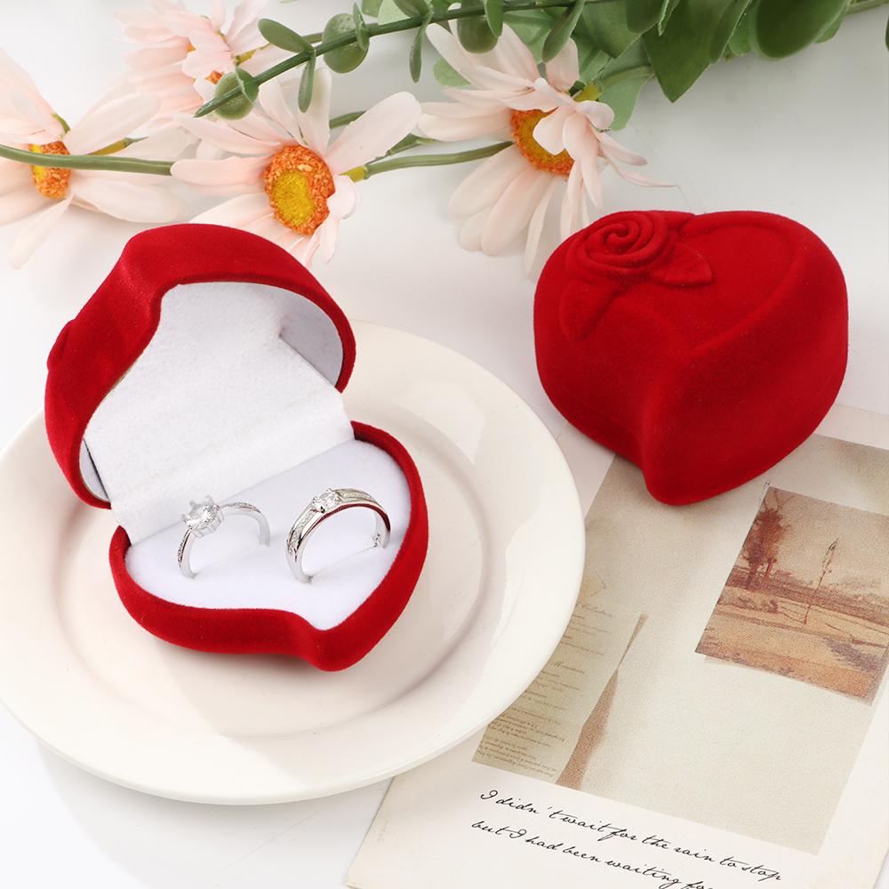 Heart Shape Exquisite Ring Display Box Velvet Jewelry Box Red Rose Double Ring Storage Box