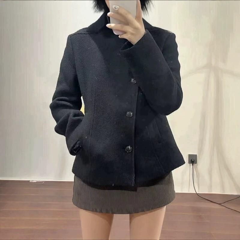 Womens Black Cotton Padded Short Wool Jacket Slim Fit Stand Collardiagonal Buttondiagonal PlacketWomens