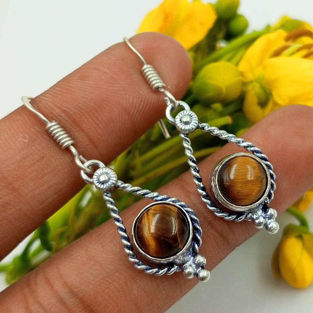 Tiger Eye Gemstone 925 Sterling Silver Plated Hook Earrings Jewelry NST-J2H7546