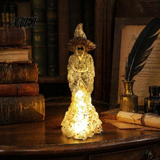Small Desk Lamp for Dorm Skeleton Witch Resin Figurine, LED Light Up Gothic Statue, Spooky Bohemian Style Home Accents Dark Fantasy Ornament