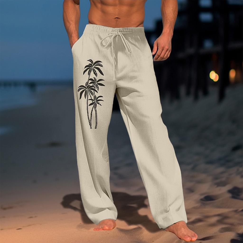 Men's Casual Loose And Comfortable Casual Pants Cotton Linen Printed Drawstring Trousers