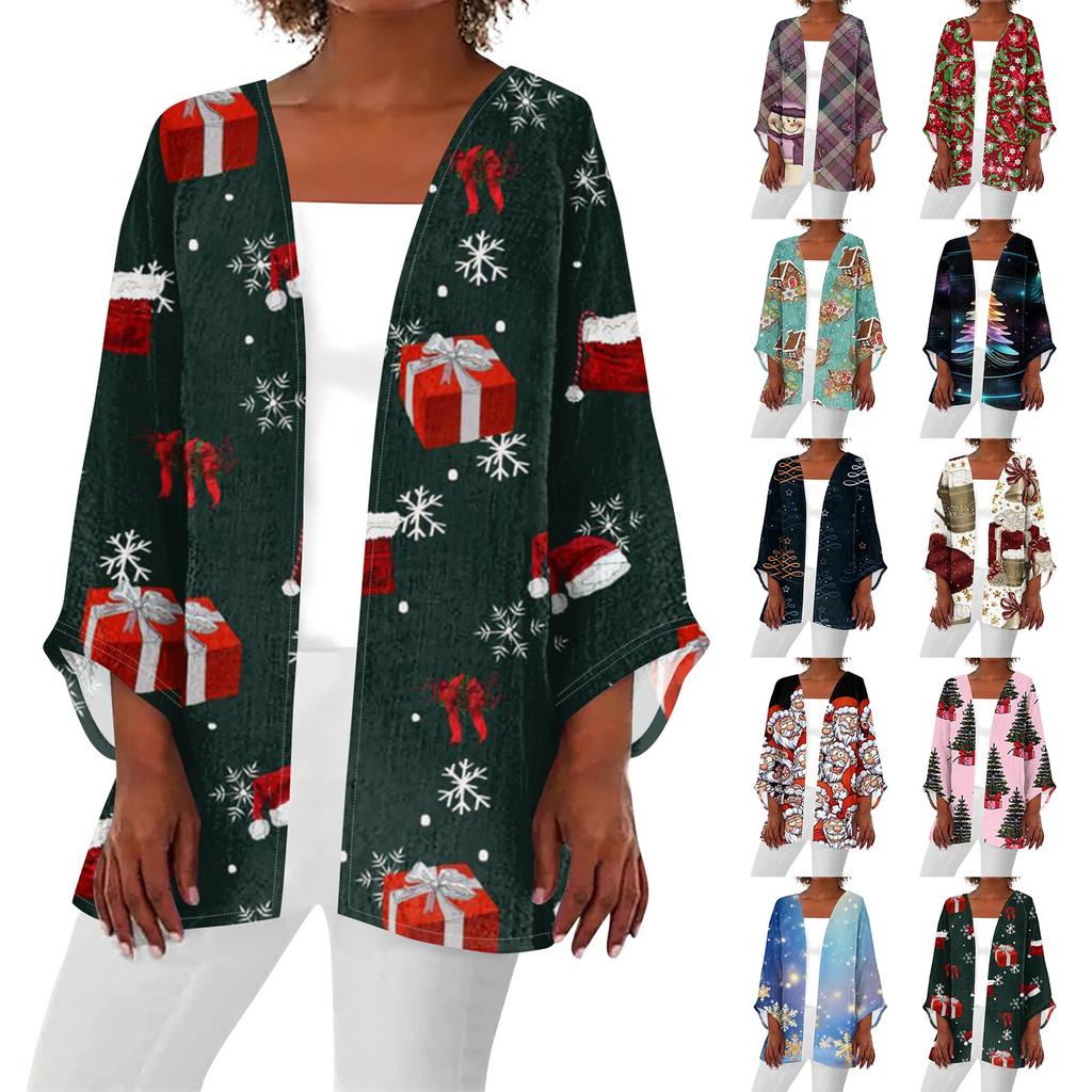 Women's Casual Fashion Christmas Print Lightweight Medium Length Jacket Cardigan