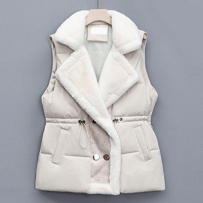 Autumn Winter Women Vest Fur Integrated Lapel Drawstring Horse Jacket with Lamb Fur Patchwork Down Cotton Vest Female Waistcoat