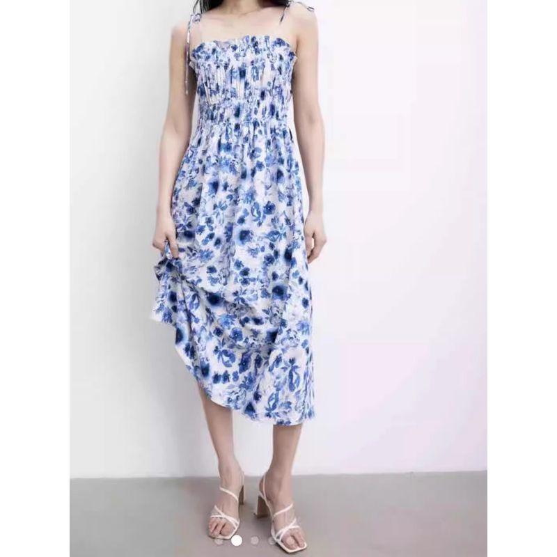 Foreign Trade Order H Home Summer New Fashion Exquisite Print Waist Hugging Slimming Elegant Vacation Cotton Stretch Dress