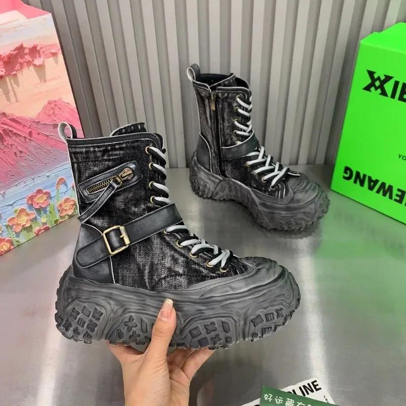 Платформа Высокий каблук Женская обувь Ковбойские мотоциклетные ботильоны Зимние ботинки для снега Челси 2025 Трендовый дизайнер джинсовые ботинки женские