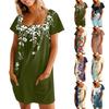 Женские летние повседневные платья с квадратным вырезом, плиссировкой спереди и карманом, с короткими рукавами и принтом