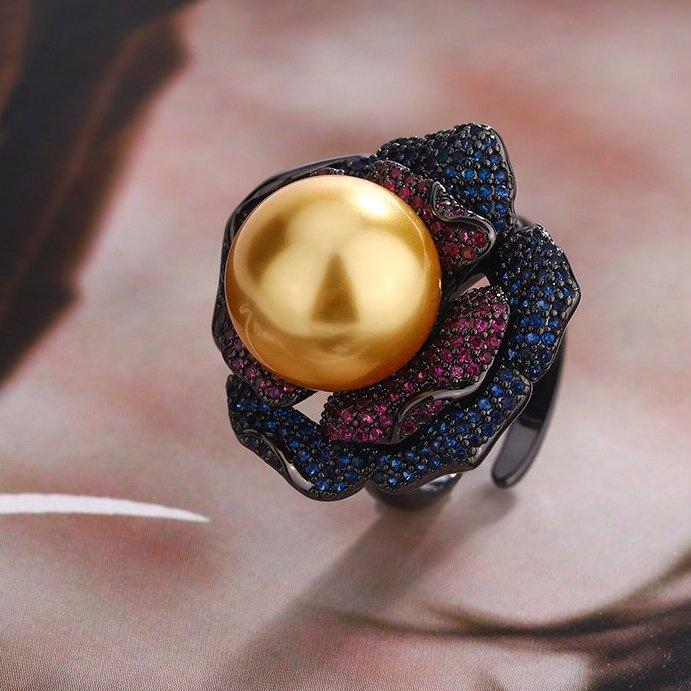 Стильная атмосфера трехмерное кольцо с цветочным жемчугом, австралийские белые желтые бусины, серые бусины, открытое кольцо, слегка оправленное в красные и синие бриллианты