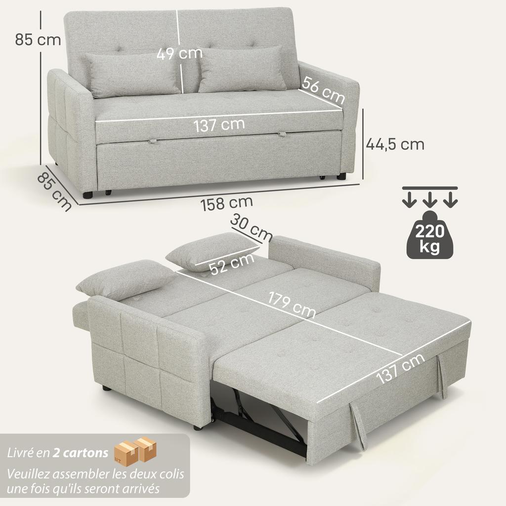 Convertible Sofa, 2-Seater 3-in-1 Click-Clack Sofa Bed, Pull-Out, Backrest, 158 x 85 x 85 cm, Brown