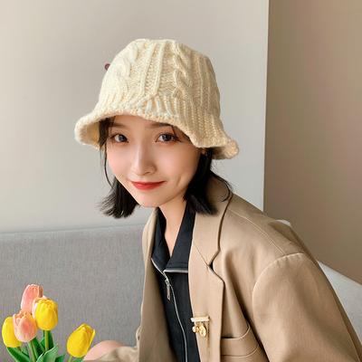 Шерстяная шапка-рыбачка для женщин на осень и зиму в корейском стиле, универсальная, японская, милая, модная, подчеркивающая лицо, маленькая, бежевая, вязаная шапка-ведро