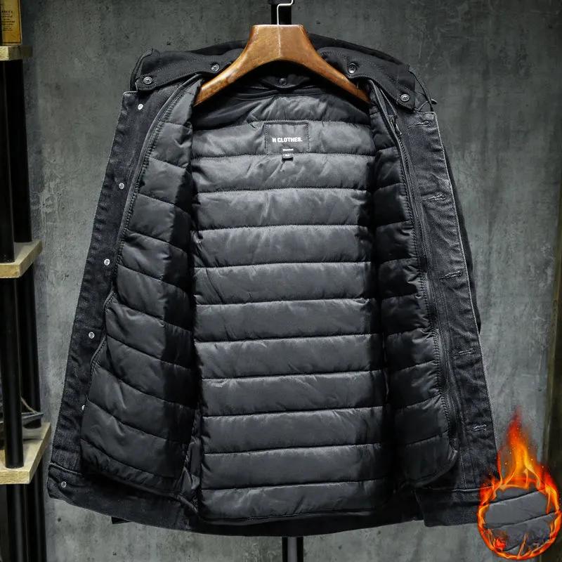 Мужская куртка из плотного бархата и денима на осень и зиму, черная хлопковая куртка со съемным капюшоном