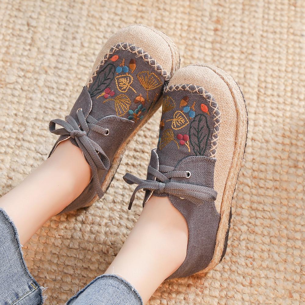 Johnature Cotton Linen Flats Women Shoes Lace-up Spring Round Toe Embroider Concise Comfortable Handmade Ladies Shoes