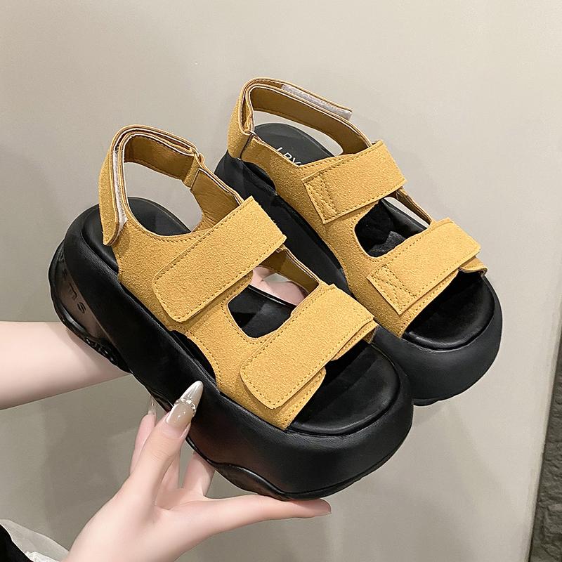 Мода Новая Мода Платформа с Открытым Носком Нубук Кожа Пляжная Обувь Круглый Носок Липучка 8 см Толстый Каблук Повседневные Римские Сандалии