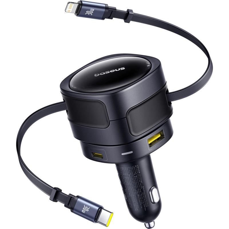 Автомобильное зарядное устройство Baseus 90 Вт USB Type-C, двойной выдвижной кабель, PD QC SCP AFC PPS, быстрая зарядка для планшета, iPhone, Samsung, Huawei, Xiaomi