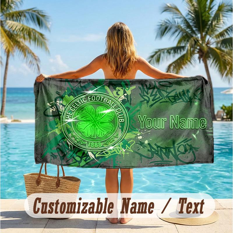 Custom Text Beach Towel, Soft Absorbent Swimming Multi-use TowelCeltic FC