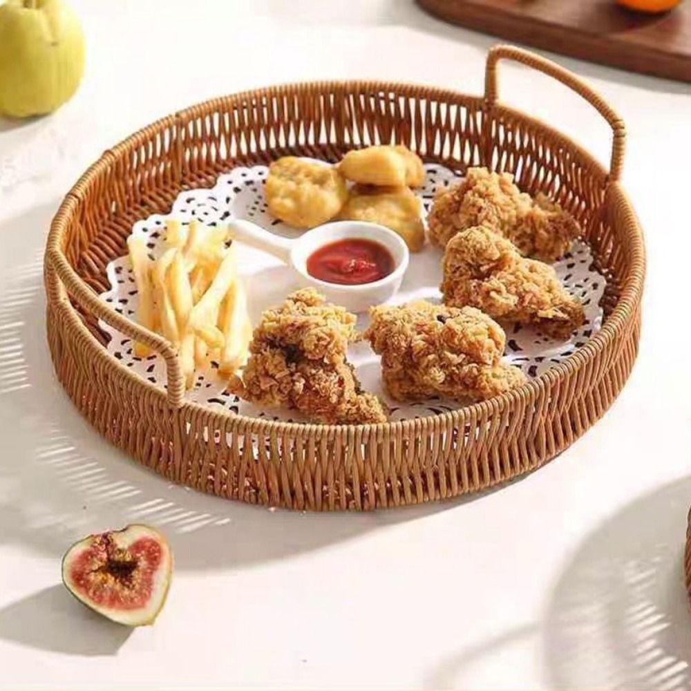 Large Capacity Round Rattan Storage Tray Plastic Handwoven Rattan Storage Tray Snacks