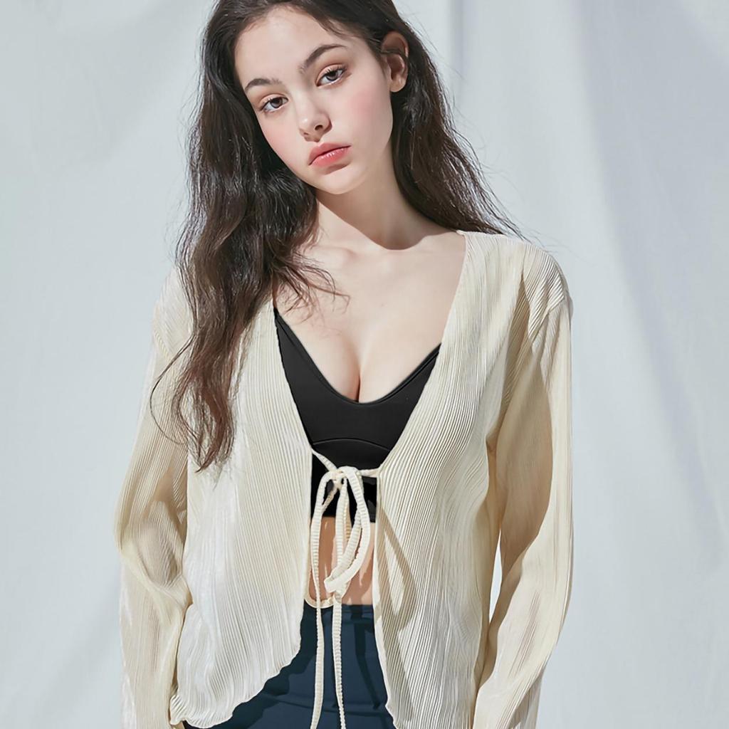 2024 Женские плиссированные простые рубашки весна-осень шикарные длинные расклешенные рукава V-образный вырез завязывающиеся кардиганы топы для повседневной вечеринки улицы