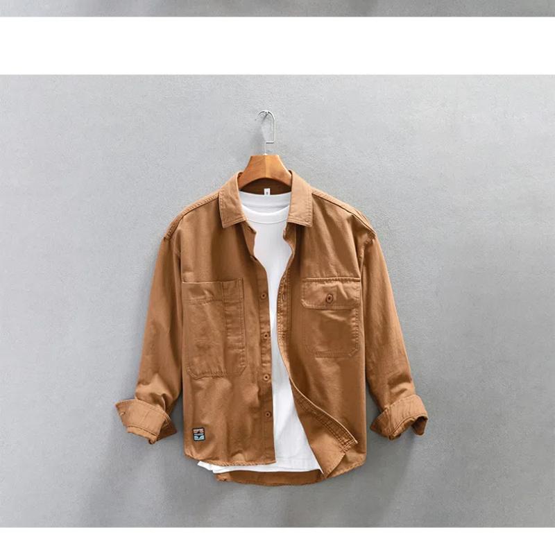 Японский стиль рабочая одежда хлопковые мужские рубашки весна/осень повседневная рубашка с длинным рукавом уличная одежда двойной карман свободный топ на пуговицах
