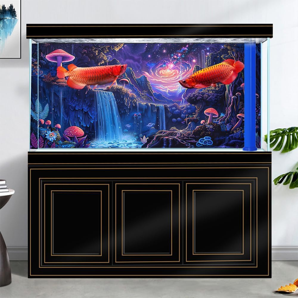 24" X 12" Аквариумный фон "Галактика Космос Планета", Гобелен с пейзажем водопада, Фантастический горный волновой настенный гобелен, Загадочные неоновые растения, Аквариум