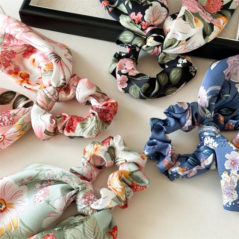 2025 New Flower Bow Hair Ribbons Scrunchies Vintage Satin Ponytail Large Hairbands Rubber Bands Headbands Women Hair Accessories