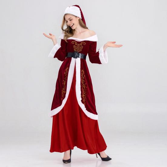 Женское рождественское платье Санта-Клауса с открытыми плечами, цветное ретро-платье в стиле Yoyal с поясом и шляпой, праздничный костюм для выступлений и вечеринок