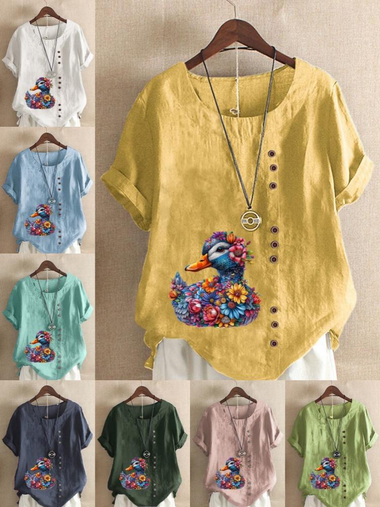 Women's Fashion Flower Duck Print Casual Cotton Linen Short Sleeve Round Neck T-shirt Shirt Leisure Loose Summer Blouse Tops