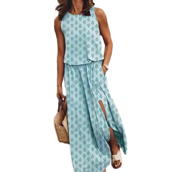 Женское платье макси без рукавов, повседневное, с круглым вырезом, эластичной талией и разрезом, длинное