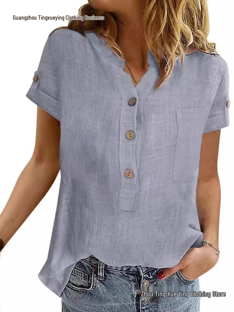 Women's Summer Retro Patchwork Cotton Linen V-Neck Button Short Sleeve Top