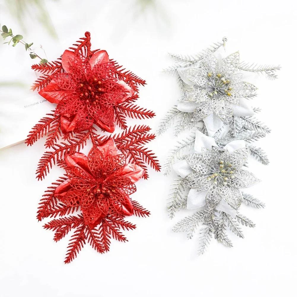 2pcs Gold Glittered Christmas Floral Arrangement Holiday Decor For Trees Gold Dusted Christmas Flower 18x32cm