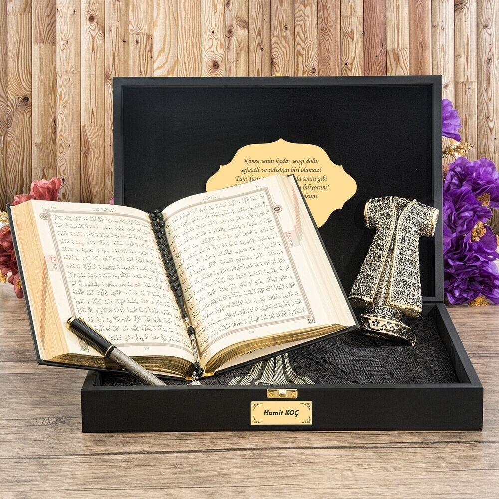 Quran, Islamic Figurine, Tasbih, Prayer Rug, Pen In Personalize Wooden Boxed | Islamic Birthday Gifts | Lux Islamic Gift Box | Special Gift