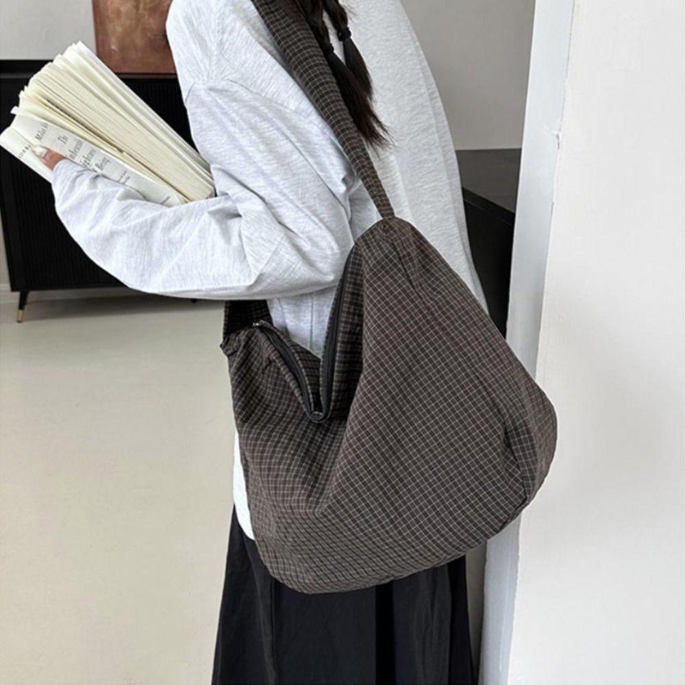 Casual Nylon Plaid Shoulder Bag Large Capacity Casual Striped Tote Bag Light Weight Commut Crossbody Bags Women