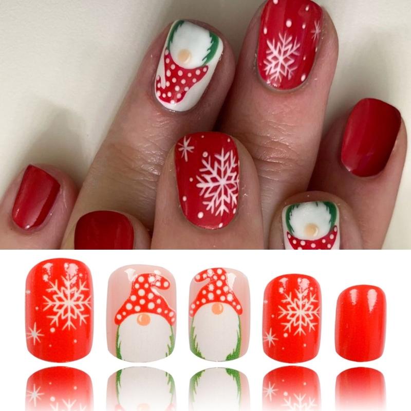 Christmas Press On Nails Short Square False Nails White Snowflake Full Cover Stick on Nails Santa Claus Artificial Nails