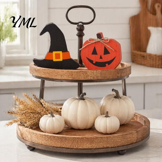 Rustic Tiered Tray Decor Halloween Table Sign, Wooden Pumpkin Ghost Bat Block Fall Harvest Settings Ornament for Tabletop Home Office Indoor