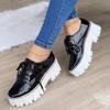 New Women Shoes Patent Leather Lace Up Thick Heel Increased Flat Platform Oxford Shoes Woman Loafers Solid Black Casual Shoes