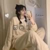 Women's Cute Cartoon Bear Coral Fleece Pajamas Set Thickened Warm Soft Flannel Outer Wear Home Wear Set Loose Pullover Pants Set