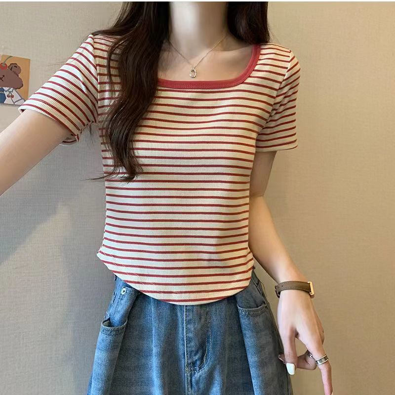 Футболка с коротким рукавом, корейская повседневная модная рубашка с U-образным вырезом, топы, женская однотонная полосатая футболка