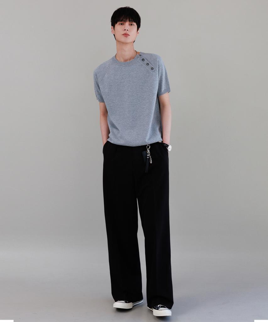 NODU Shoulder Button Raglan Crop Half Knit [Gray]