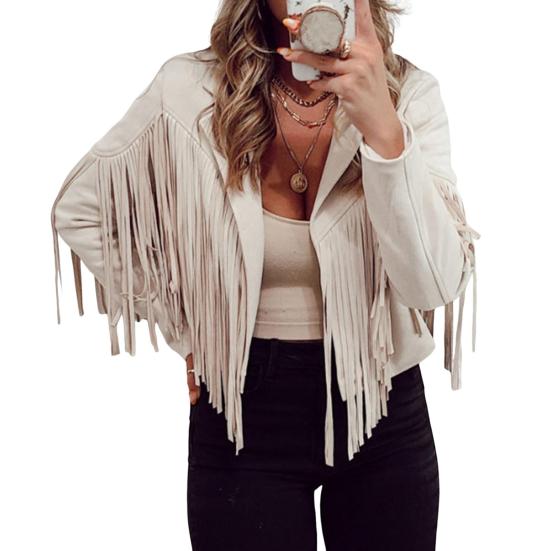 Женская повседневная куртка с кисточками, длинными рукавами, лацканами, укороченное пальто из искусственной замши, байкерская верхняя одежда на весну и осень