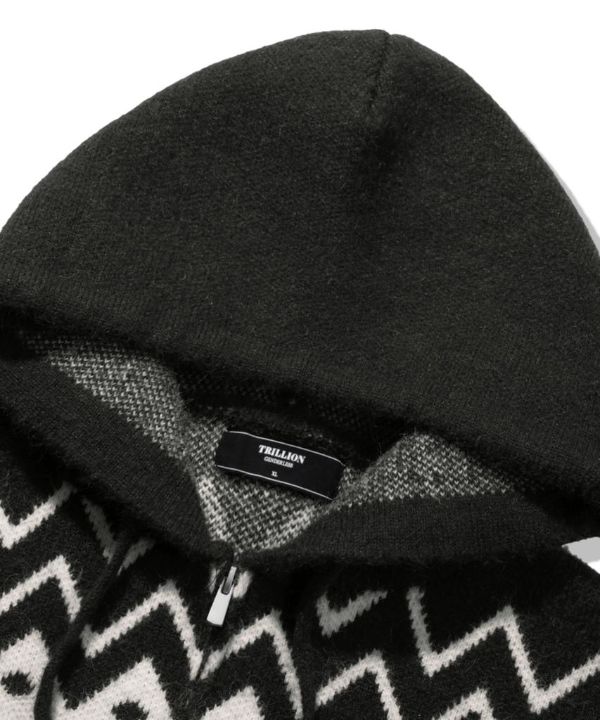 TRILLION Washable Wool Star Nordic Hooded Zip-Up Knit_Black
