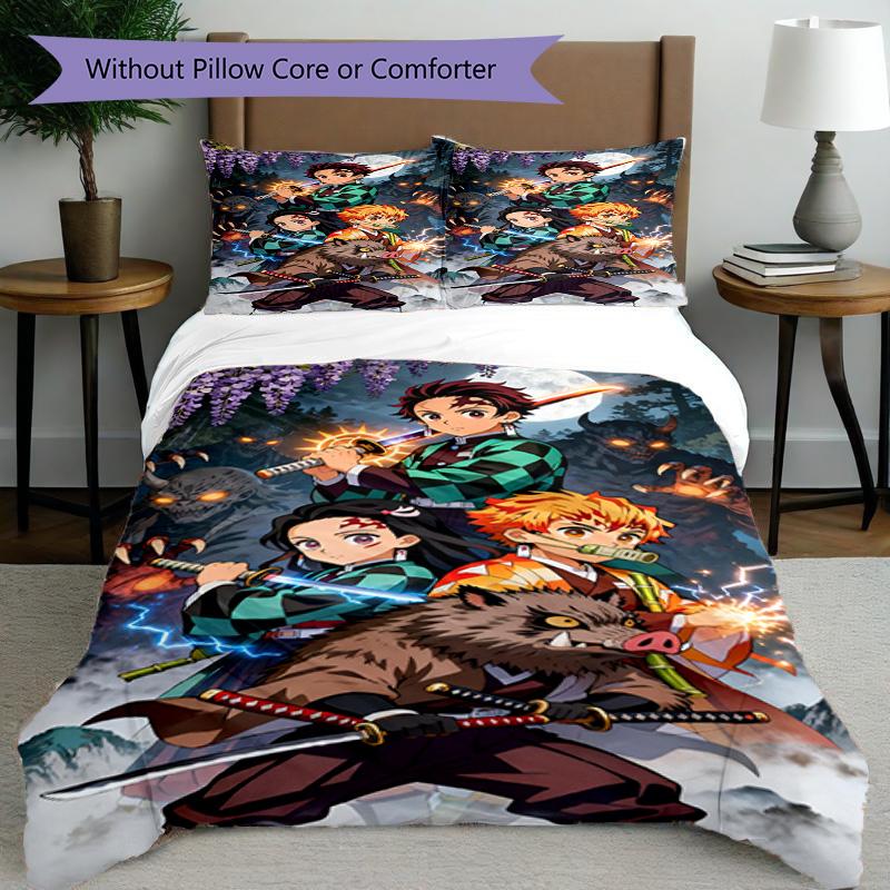 3pcs Duvet Cover Set (1*Duvet Cover + 2*Pillowcase, Without Core), Demon Slayer Print Bedding Set, Bedroom Decor, All‑Season, Birthday Gift