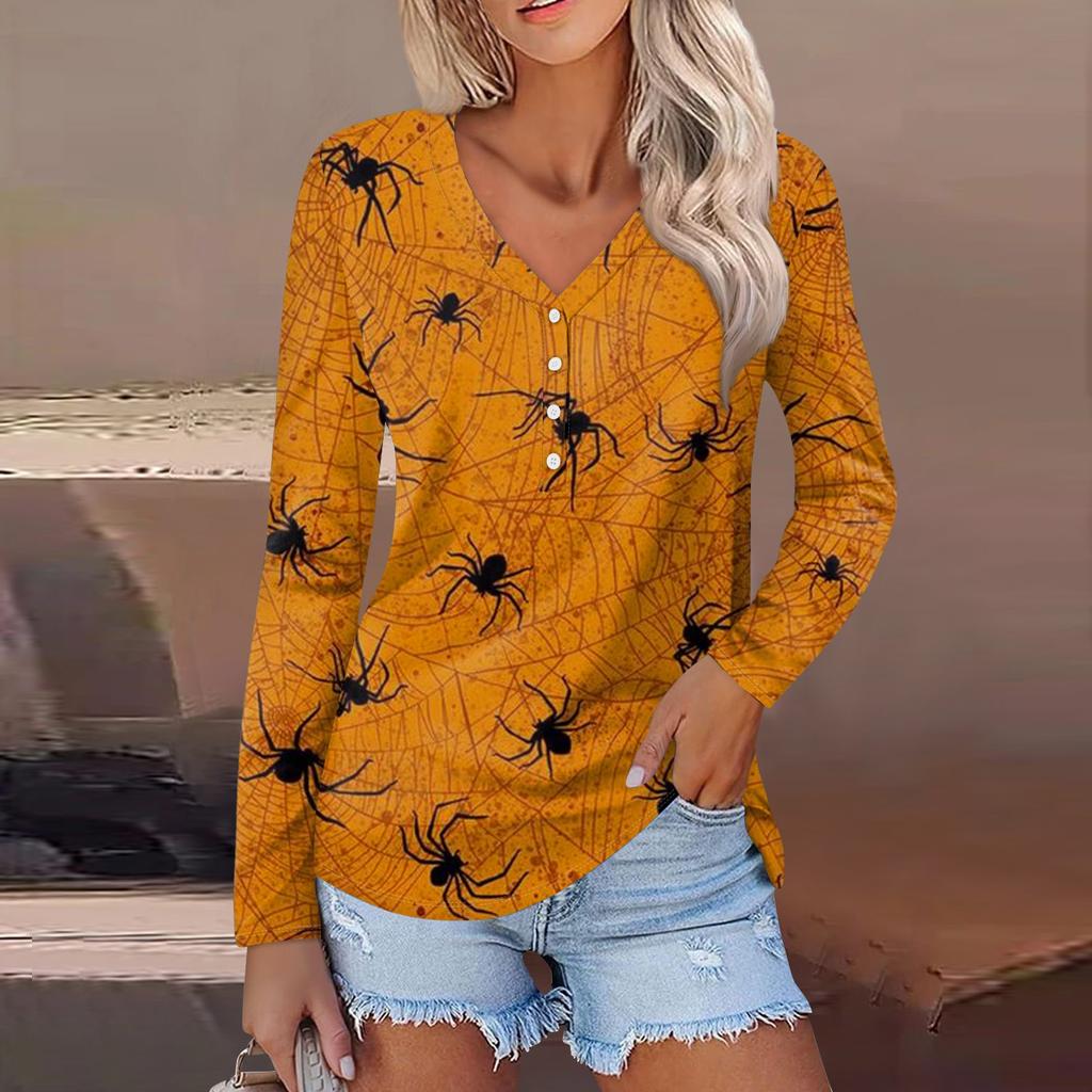 Women's Casual Fashion Sexy Comfort Halloween Printed V-Neck Button Long Sleeve