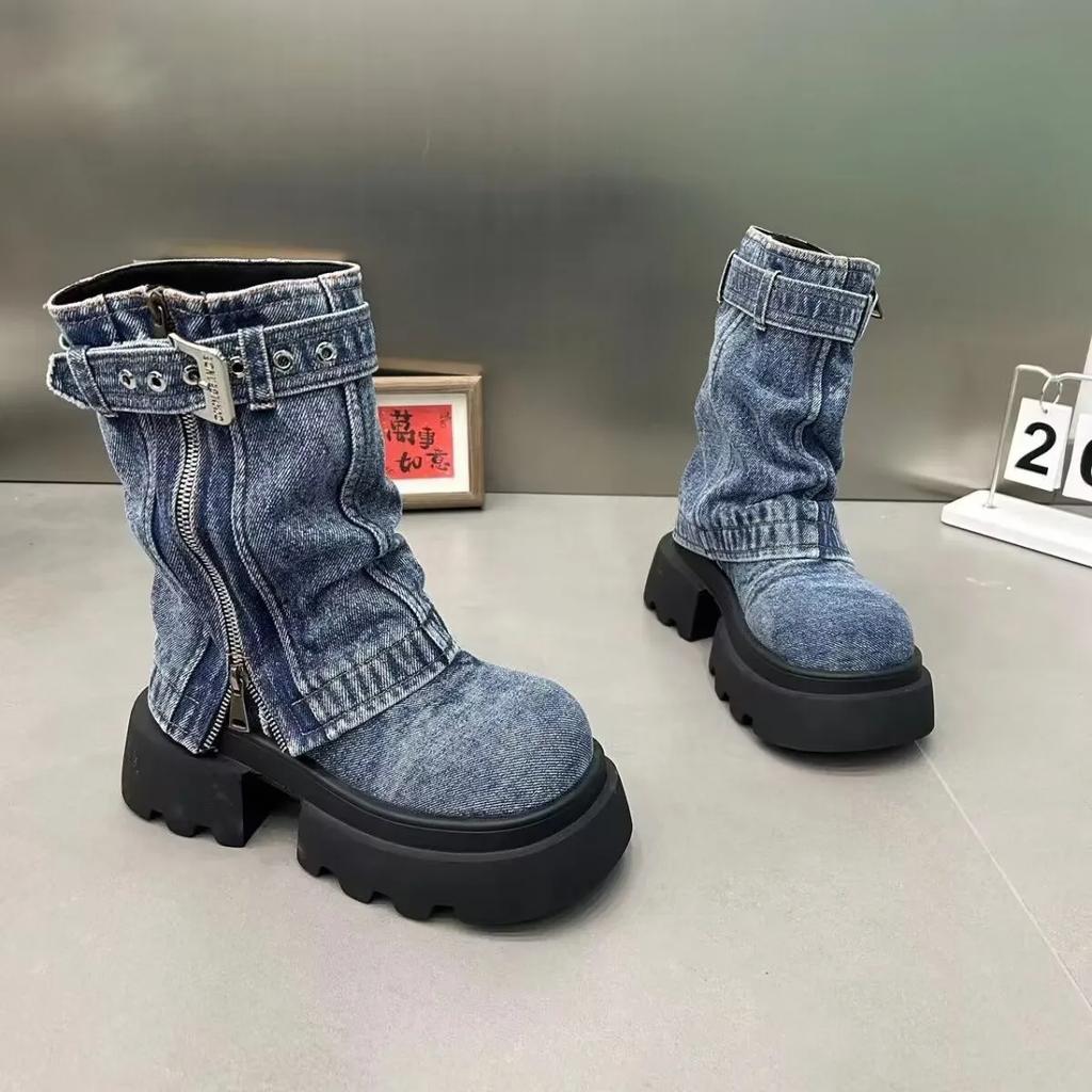 Designer Denim Women Ankle Boots Fashion Elegant Side Zippers Belt Buckle Shoes Thick Heel Women'S Morder Short Booties