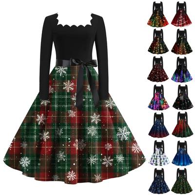 Женское модное ретро вечернее платье с длинным рукавом, квадратным вырезом и рождественским принтом