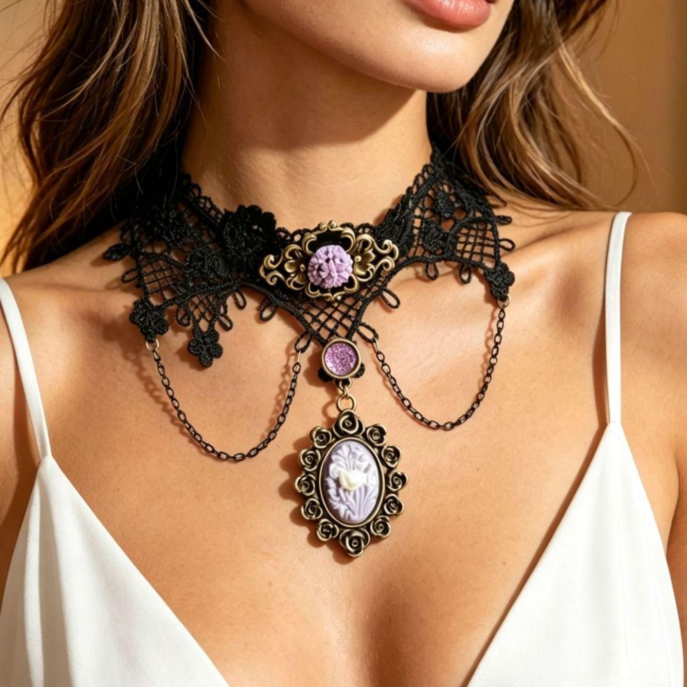 Vintage Style Black Lace Choker Black Lace Purple Fringed Collar Neck Jewelry