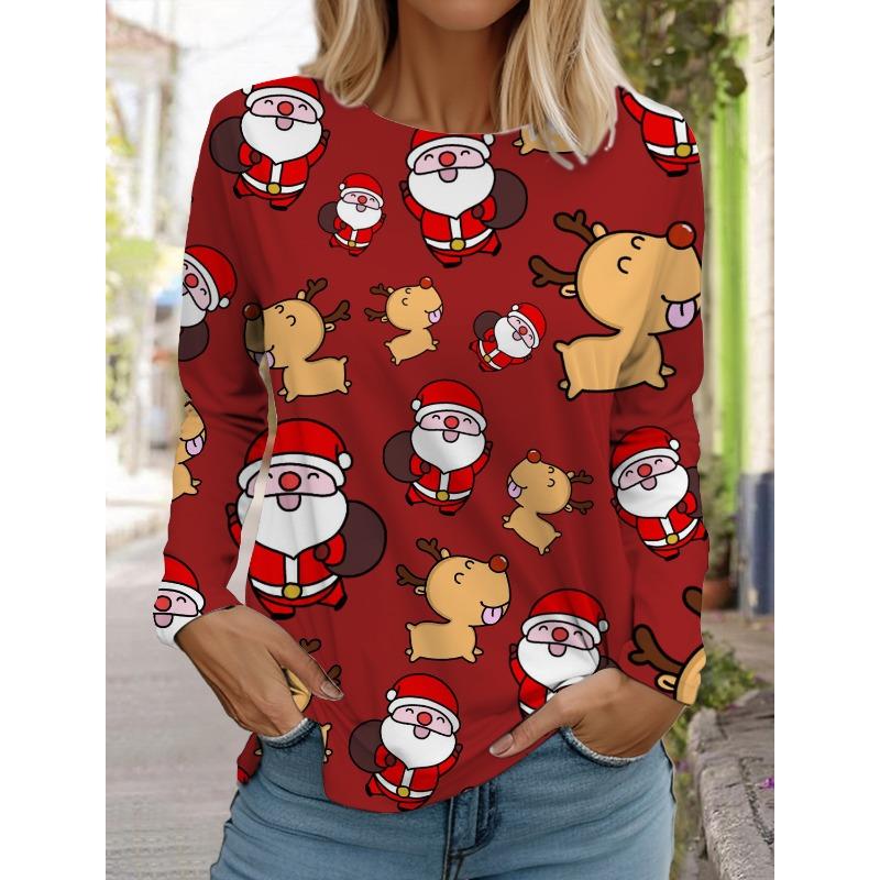 Женская футболка с длинным рукавом и рождественским принтом оленей, спортивный повседневный милый полиэстер с круглым вырезом и длинным рукавом