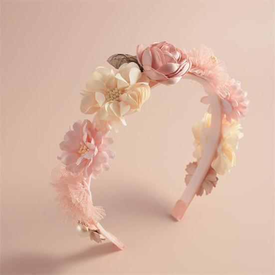 Soft Yarn Headband with Gauze Flowers Faux Pearls Decor Romantic Style Elastic Crown Hairband Parties Weddings Daily Wear