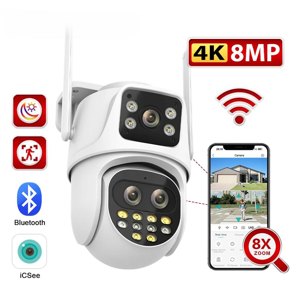 Новая камера наблюдения EU 8MP с двойным экраном и двойным объективом, Wi-Fi, Ai, автоматическое отслеживание цвета, ночного видения, Bluetooth, уличная PTZ-камера безопасности