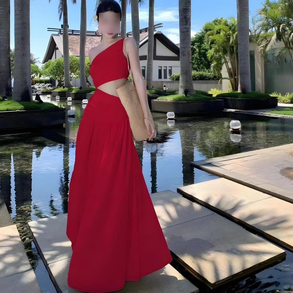 Чистый повседневный дизайн, платье с косыми плечами, на бретелях, с вырезами на талии, атмосфера морского отдыха, тонкое платье