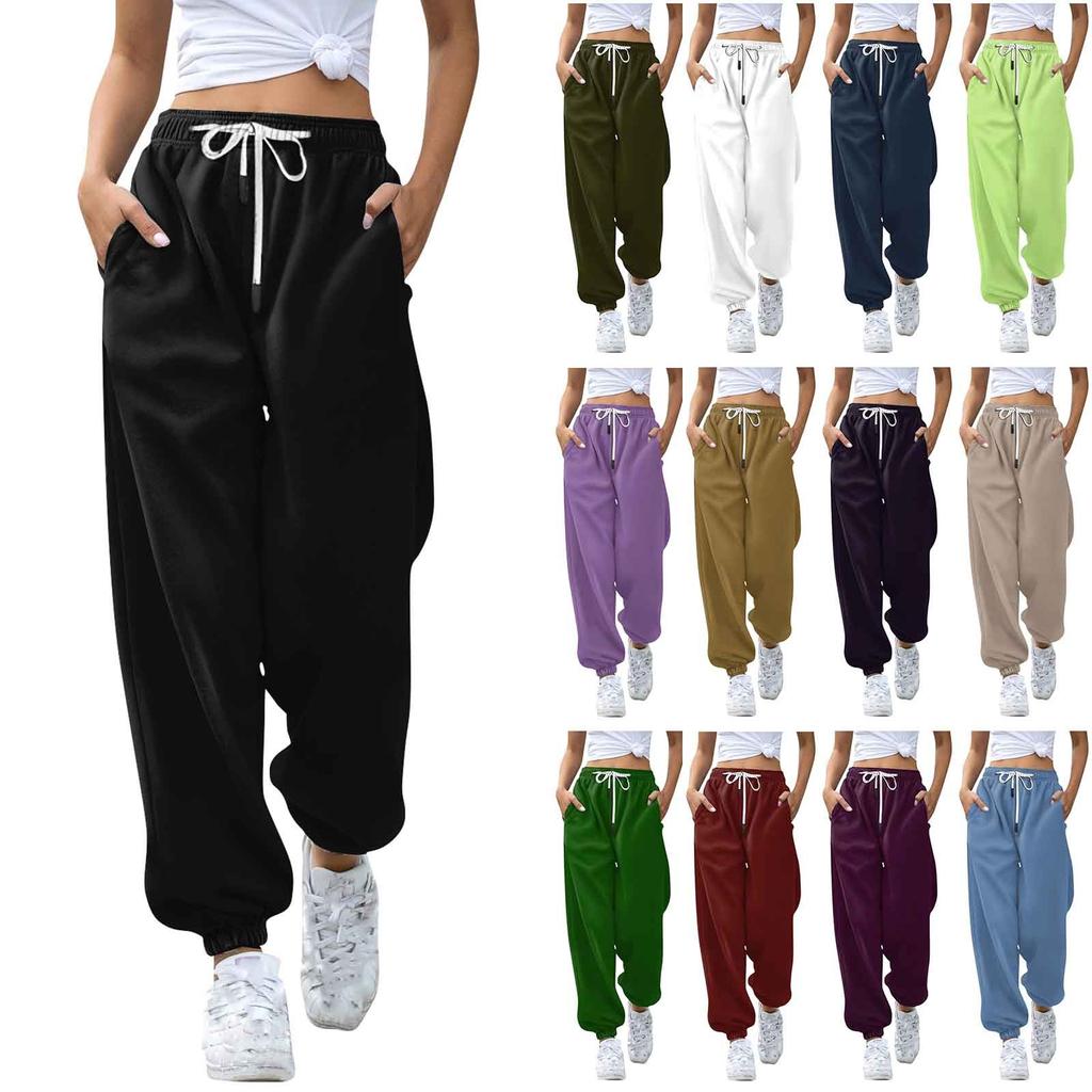 Women's Fashion Solid Colour Casual Drawstring Elastic Waist Drawstring Trousers